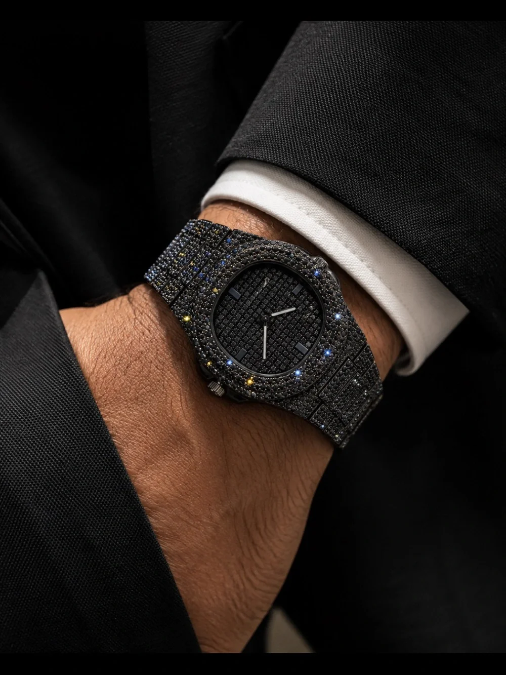 Iced Out VVS1 Simulated Black Diamond Stainless Steel Watch Pavé Set Fully Iced